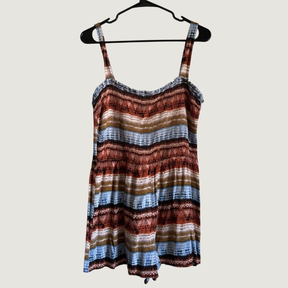 Free People Intimately Smocked Tie Dye Striped Boho Romper Sleeveless Rust Blue